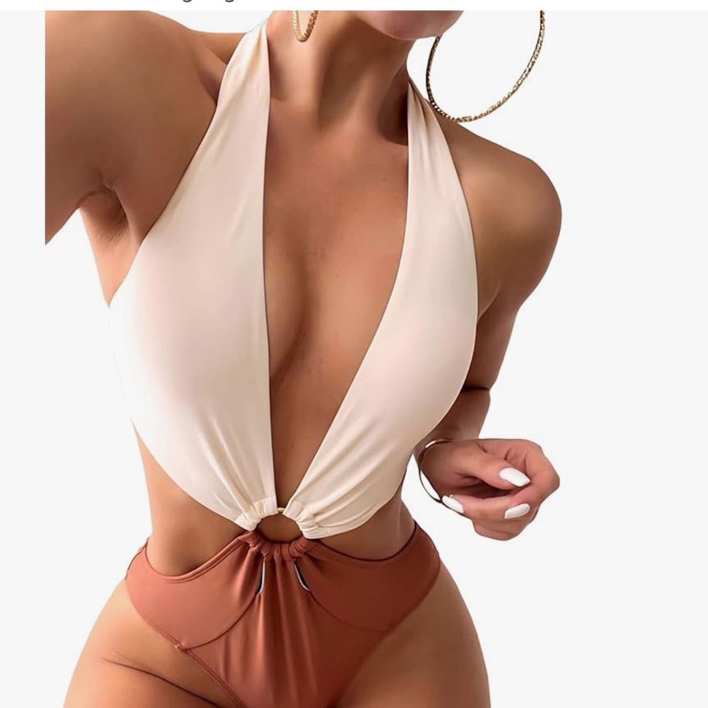 Elegant Cream and Brown Plunge Swimsuit